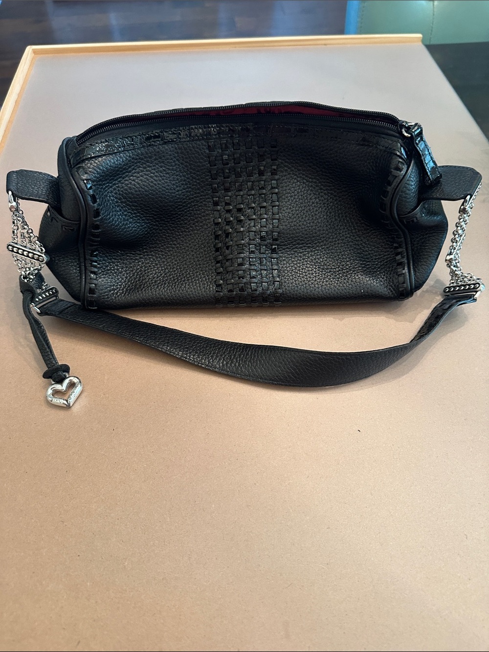 Brighton Black Woven Leather Shoulder Bag with Heart Charm Accent